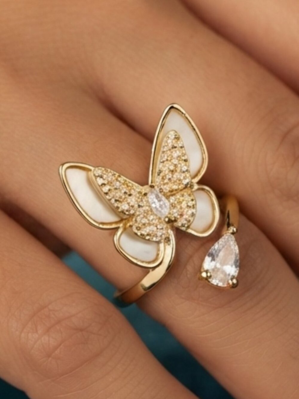 NWT Dazzling Gold Butterfly Open Ring | Mother of Pearl & CZ | Size 6